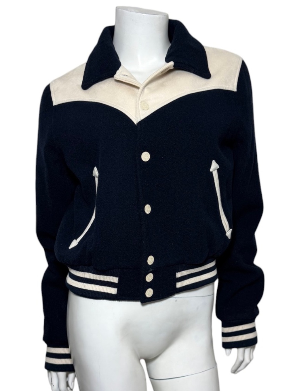 MOTHER The Western Varsity Bomber Jacket Cool Your Jets Navy Cream Small